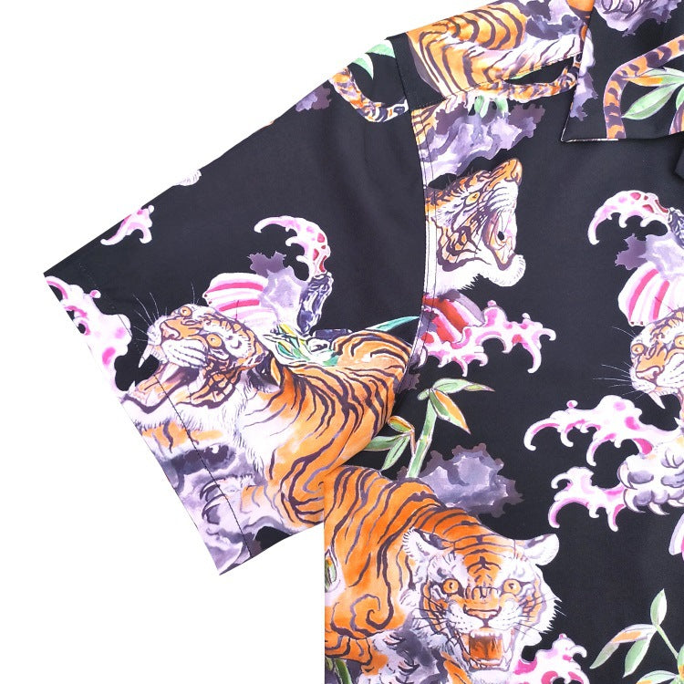 GUILTYPARTIES TIGER Shirts 22SS Flower and Tiger Print Loose Hawaiian Short Sleeve Shirt Men