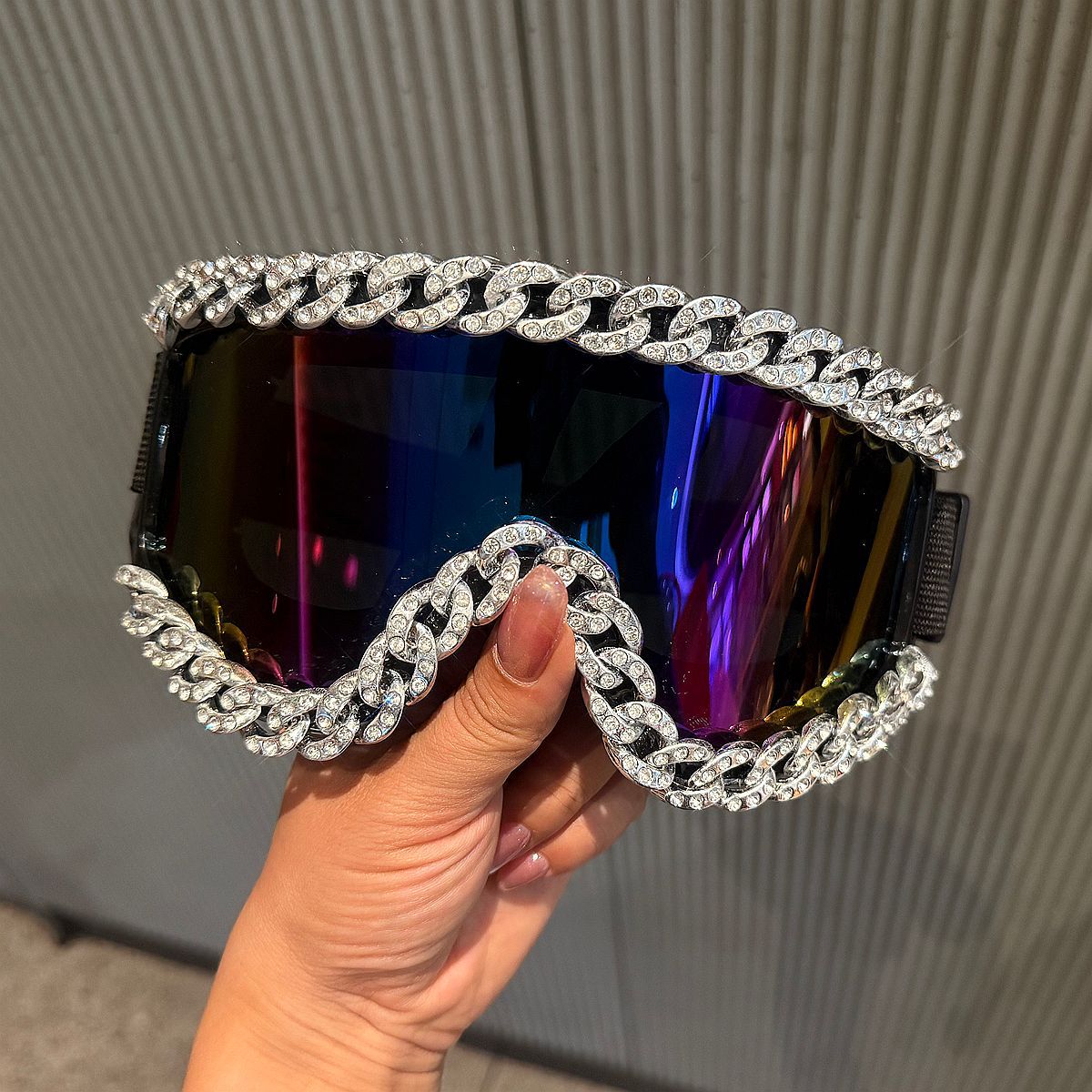 Trendy punk glasses diamond chain large frame