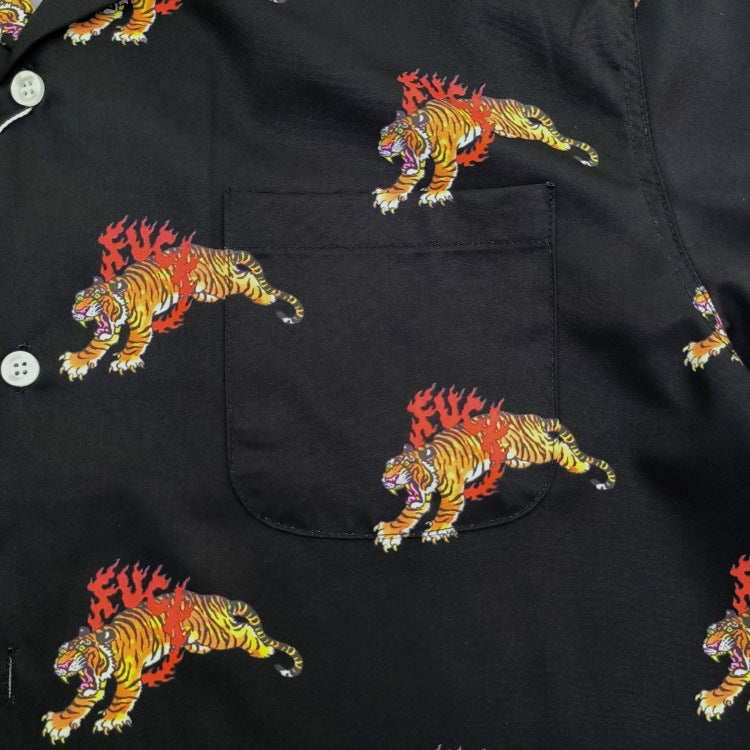 GUILTYPARTIES TIGER Shirts 22ss TIM LEHI Flame Tiger, Hawaiian Short Sleeve Shirt