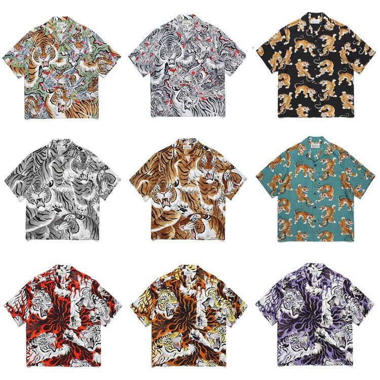 GUILTYPARTIES TIGER Shirts 23SS TIM LEHI Flame Tiger Full Print Hawaiian Short Sleeve Shirt Men