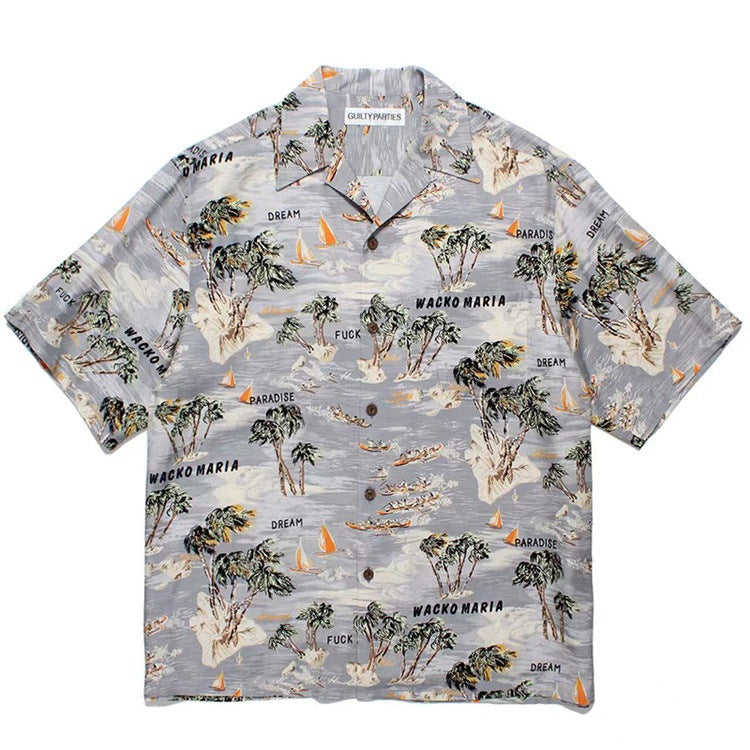 GUILTYPARTIES TIGER Shirts 24ss Coconut Island Style, Cuban Collar Casual Hawaiian Short Sleeve Shirt Men