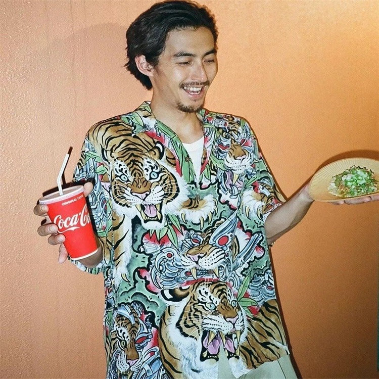 GUILTYPARTIES TIGER Shirts 23SS TIM LEHI Flame Tiger Full Print Hawaiian Short Sleeve Shirt Men