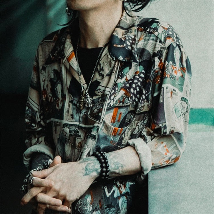 GUILTYPARTIES TIGER Long sleeved shirt 18aw, Ukiyo-e painting loose Hawaiian long-sleeved shirt men