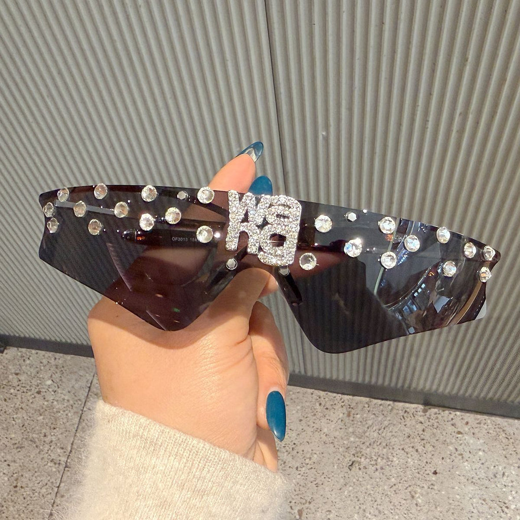 Trendy punk glasses rimless rhinestone letters