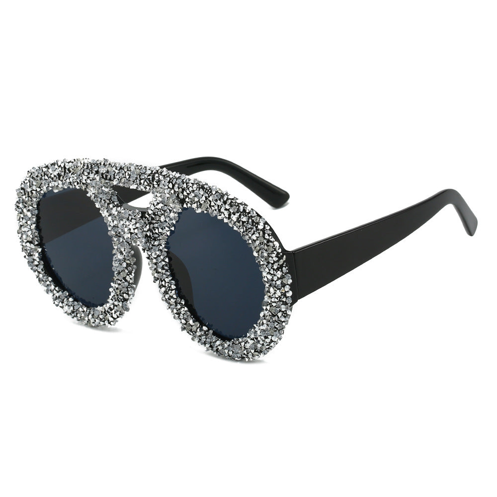 Trendy punk glasses round full diamond retro