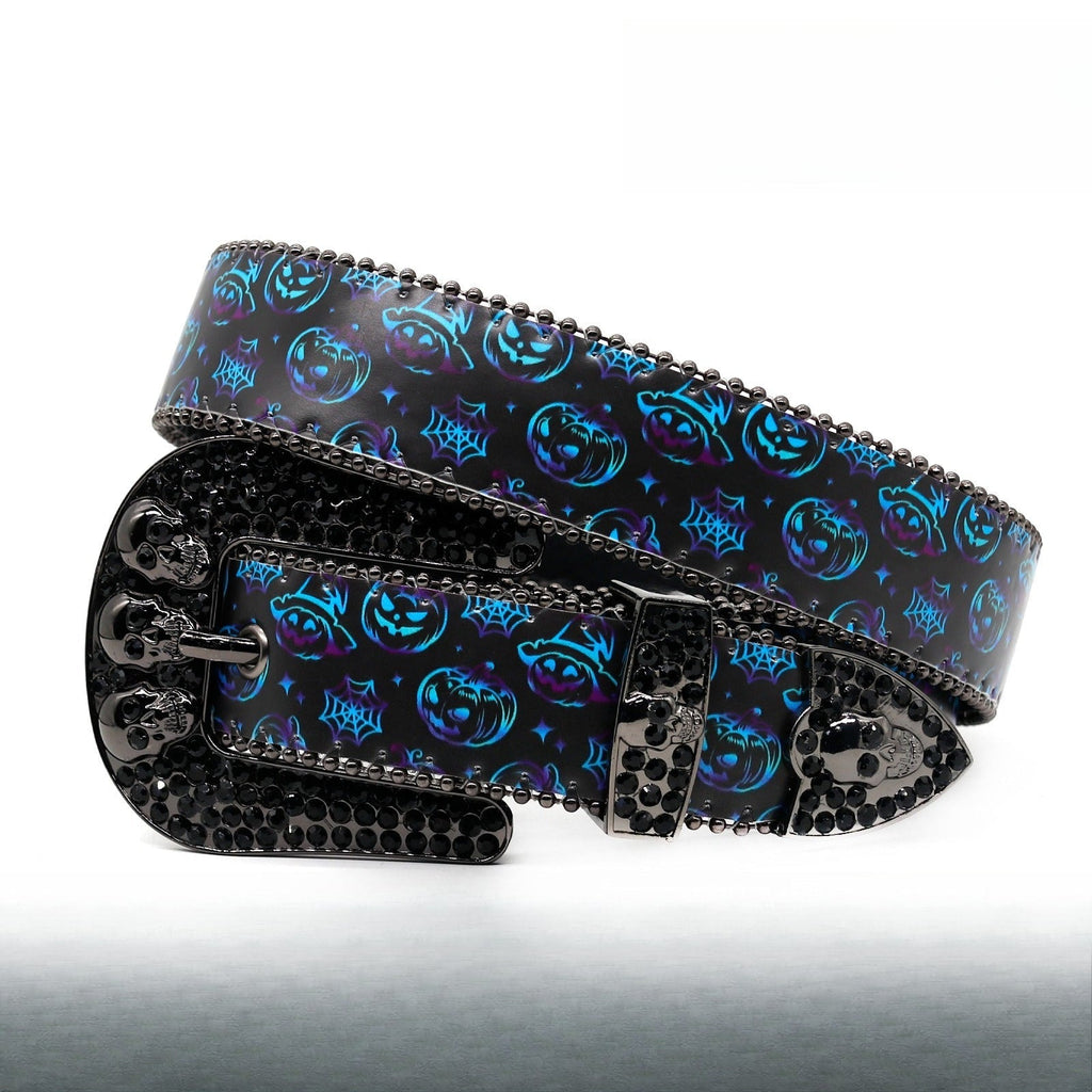 Hip-hop punk rhinestone belt halloween pumpkin head printing belt skull accessories