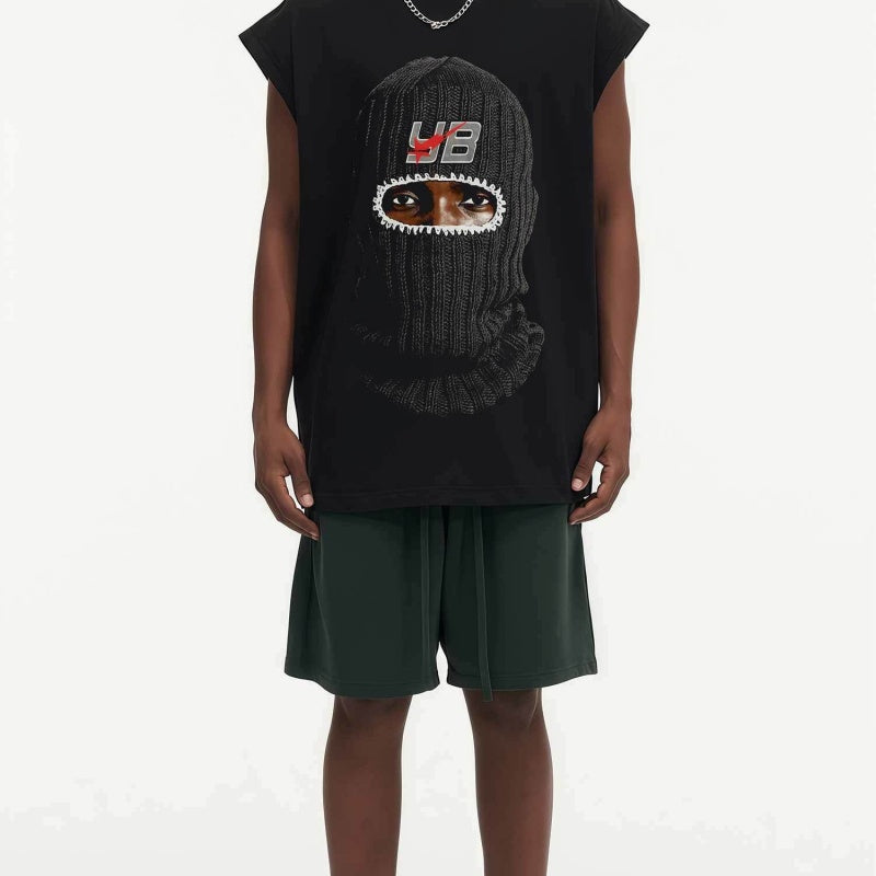 BIG FACE Drop-Shoulder Tank Top High-street vintage style featuring a small neckline, white-ink digital direct-to-garment (DTG) printing, and a heavy-duty, distressed wash finish; crafted from 260g double-yarn plain-knit fabric.