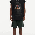 BIG FACE Drop-Shoulder Tank Top High-street vintage style featuring a small neckline, white-ink digital direct-to-garment (DTG) printing, and a heavy-duty, distressed wash finish; crafted from 260g double-yarn plain-knit fabric.