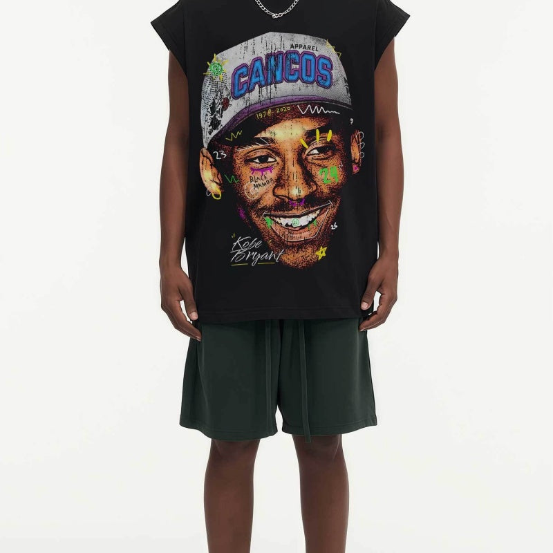 BIG FACE Drop-Shoulder Tank Top High-street vintage style featuring a small neckline, white-ink digital direct-to-garment (DTG) printing, and a heavy-duty, distressed wash finish; crafted from 260g double-yarn plain-knit fabric.