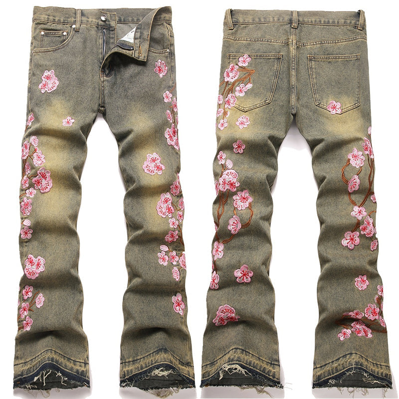 Mens Fashion Jeans Pink cherry blossom embroidery 5719# Pure cotton high quality