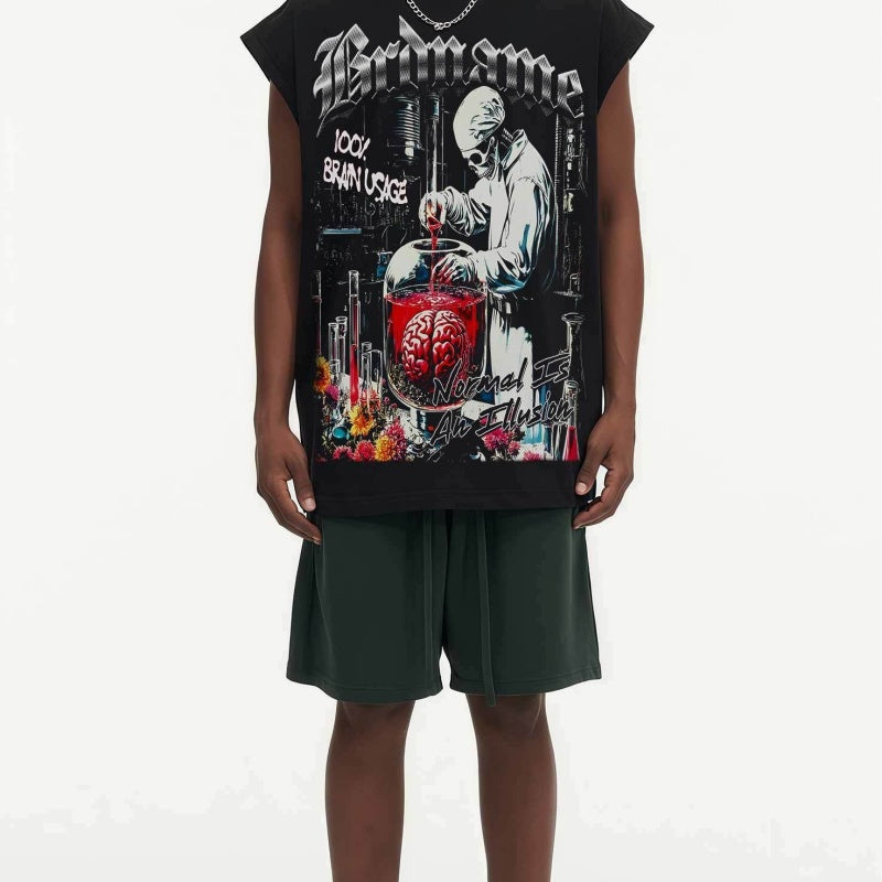 BIG FACE Drop-Shoulder Tank Top High-street vintage style featuring a small neckline, white-ink digital direct-to-garment (DTG) printing, and a heavy-duty, distressed wash finish; crafted from 260g double-yarn plain-knit fabric.