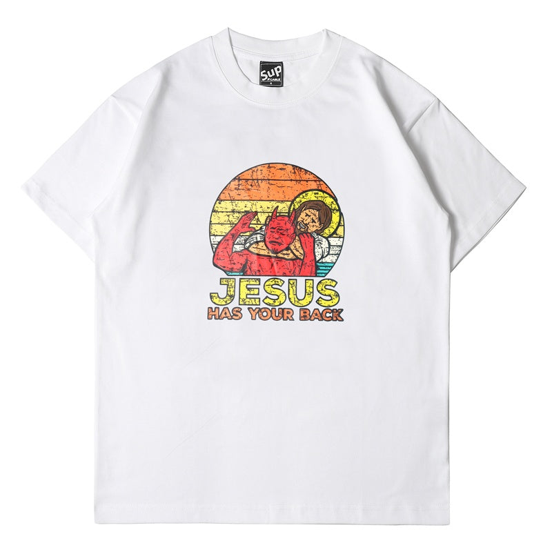 Mens T-shirt Vintage American-style Quirky and playful—God is right behind you.