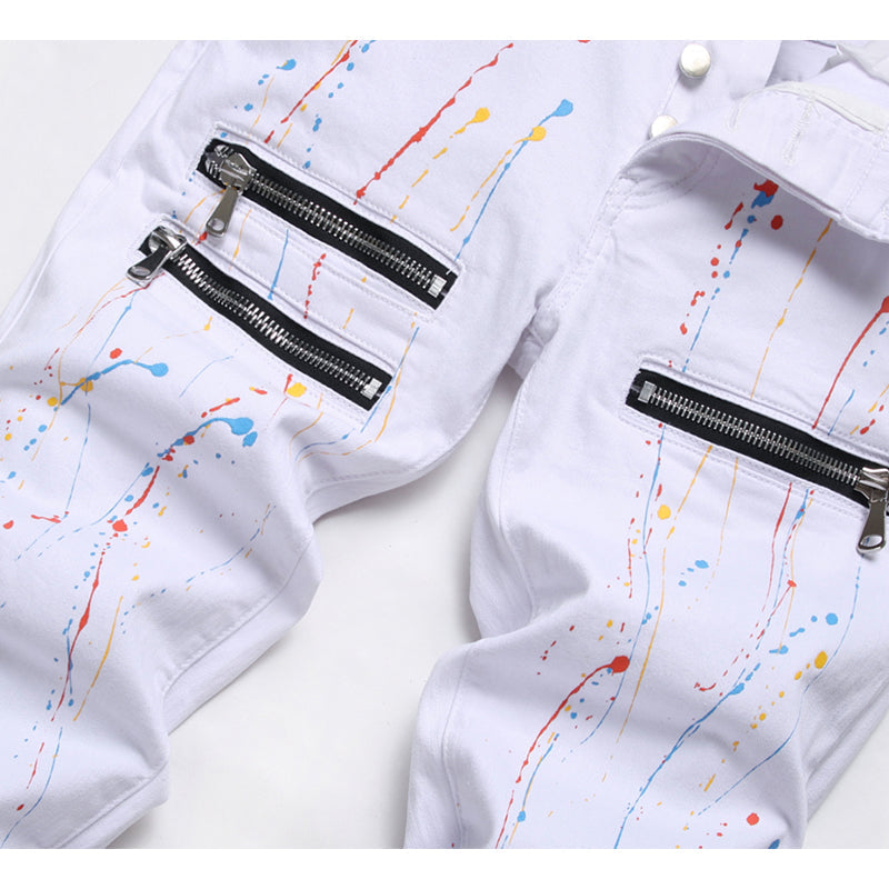 Mens Fashion Jeans Pants pocket zipper Color splatter ink 1168# Pure cotton high quality