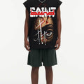 BIG FACE Drop-Shoulder Tank Top High-street vintage style featuring a small neckline, white-ink digital direct-to-garment (DTG) printing, and a heavy-duty, distressed wash finish; crafted from 260g double-yarn plain-knit fabric.