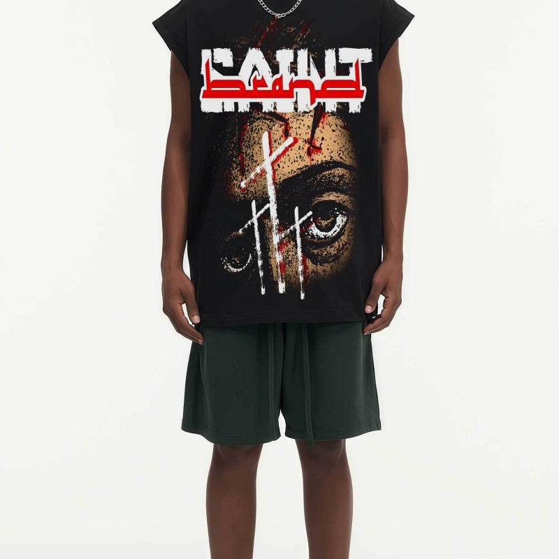 BIG FACE Drop-Shoulder Tank Top High-street vintage style featuring a small neckline, white-ink digital direct-to-garment (DTG) printing, and a heavy-duty, distressed wash finish; crafted from 260g double-yarn plain-knit fabric.