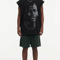 BIG FACE Drop-Shoulder Tank Top High-street vintage style featuring a small neckline, white-ink digital direct-to-garment (DTG) printing, and a heavy-duty, distressed wash finish; crafted from 260g double-yarn plain-knit fabric.