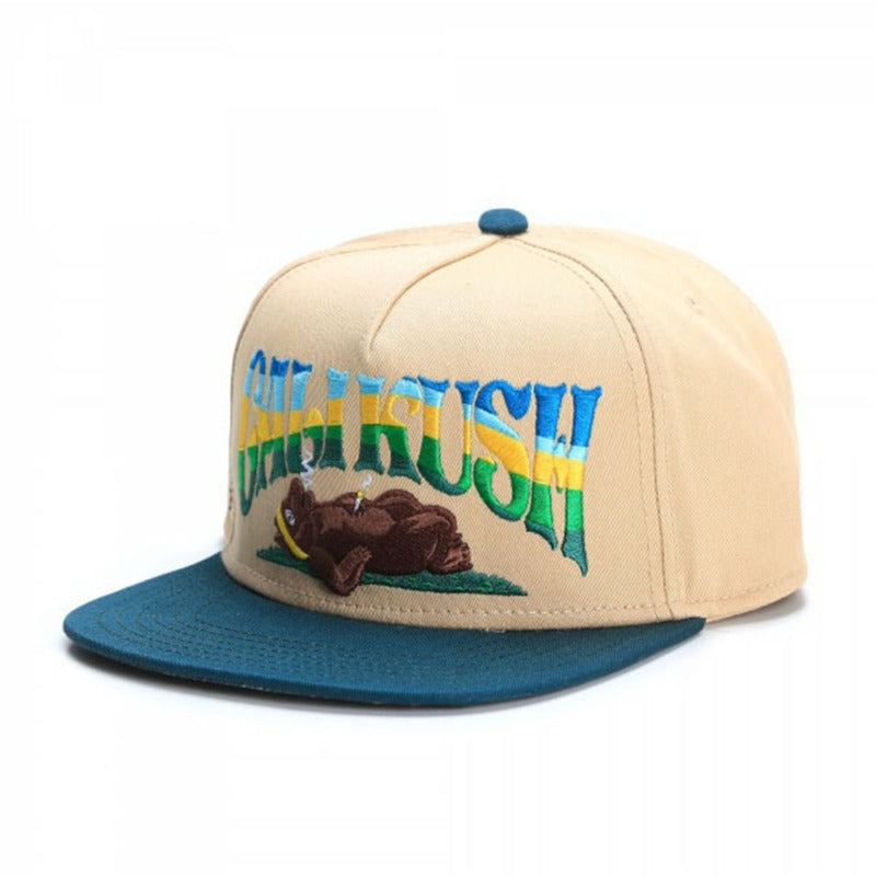 Trendy flat brimmed snapback hatscartoon bear kushstock cap for men and women
