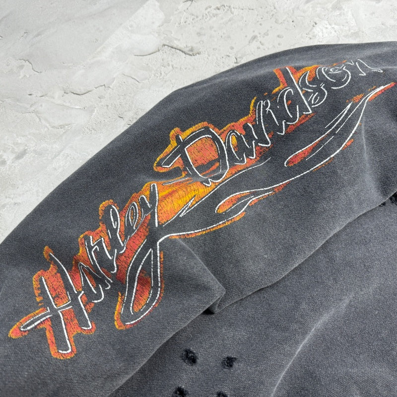 Unisex Vintage Hoodie Harley-Davidson West Coast Flames & Cross Limited Edition Distressed Hoodie â€?featuring multi-area handcrafted distressing and heavy-duty enzyme-washed, faded finish.
