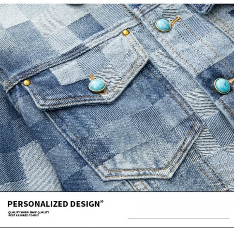 Denim Jacket & Jeans High-Street Trend Streetwear Jacket Vintage Blue Washed Grid Graphic Turquoise Button Casual Denim Outerwear (jacket and jeans must be purchased separately.)