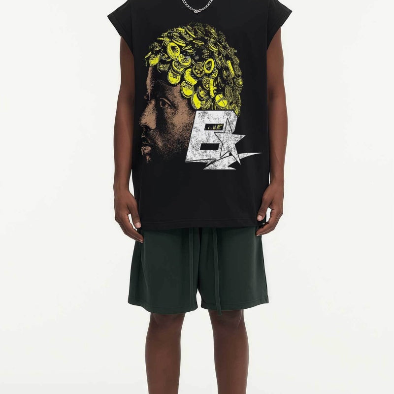 BIG FACE Drop-Shoulder Tank Top High-street vintage style featuring a small neckline, white-ink digital direct-to-garment (DTG) printing, and a heavy-duty, distressed wash finish; crafted from 260g double-yarn plain-knit fabric.