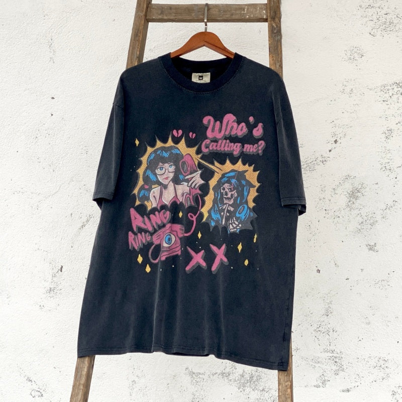 Unisex Vintage T Shirts Evil Spirit Summoning Limited Edition | White Ink Direct-to-Garment Print | High-Street Vintage Style | Heavyweight Distressed Acid Wash