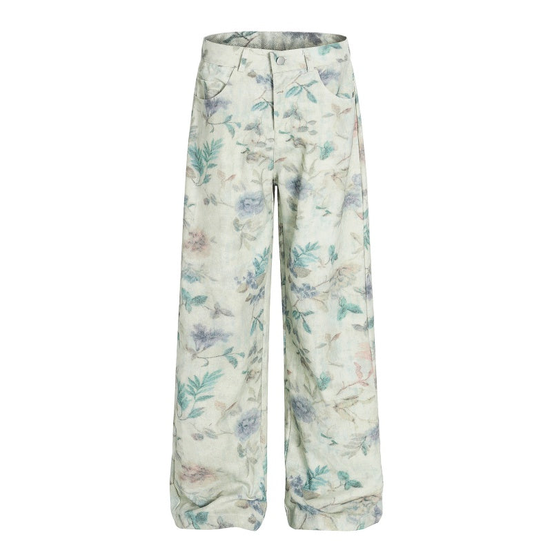 American-style streetwear harem pants Vintage Botanical Floral Print Soft Textured Weave