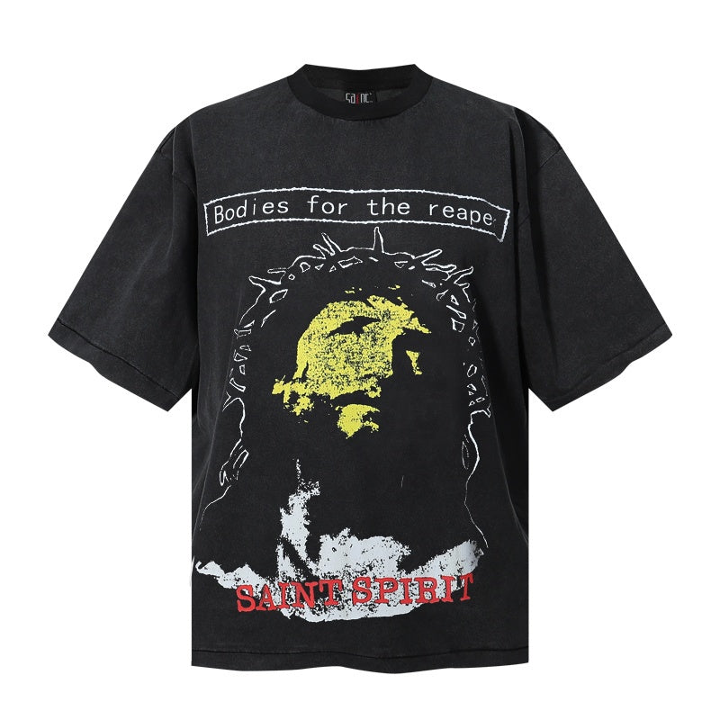 Saint Michael T Shirts Faded Acid Wash Blue Accent Gothic Lettering Portrait Illustration