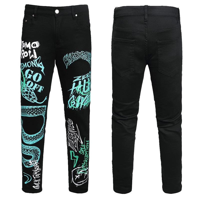 Mens Fashion Jeans Green Snake Street Graffiti 5705# Pure cotton high quality