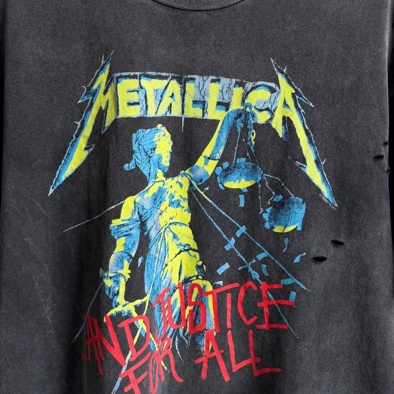 Unisex Vintage T Shirts Saint × BerBerJin × Metallica three-way collaboration washed short-sleeve tee. Features vintage single-stitch construction, heavy enzyme-wash finish, and distressed cut-and-tear detailing across multiple areas.