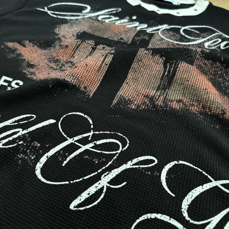 Unisex vintage T-shirt  Black distressed print with rivets