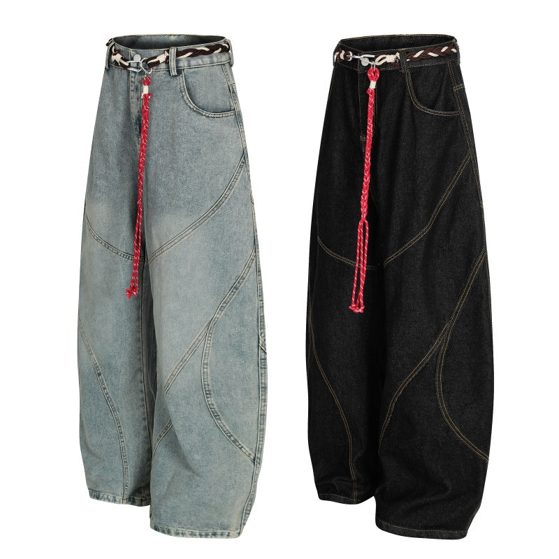 American-style streetwear harem pants Curved Panel Seam Aged Faded Finish