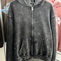 Unisex Vintage Hoodie Oversized, relaxed-fit layered outerwear; naturally faded, distressed wash finish; hand-applied ink splatter detailing; heavyweight pure cotton French terry fabric.