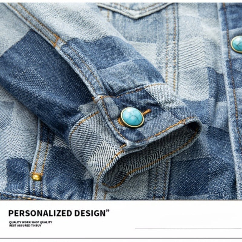 Denim Jacket & Jeans High-Street Trend Streetwear Jacket Vintage Blue Washed Grid Graphic Turquoise Button Casual Denim Outerwear (jacket and jeans must be purchased separately.)