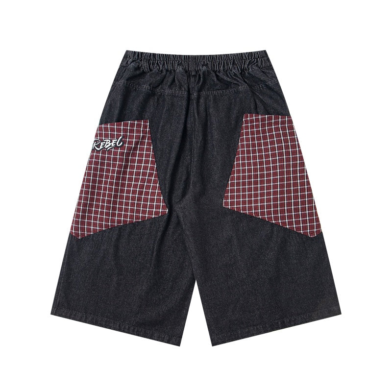 Street-style vintage Cropped trousers Retro Harajuku Style Wide-Leg Plaid Shorts with Cute Character Embroidery