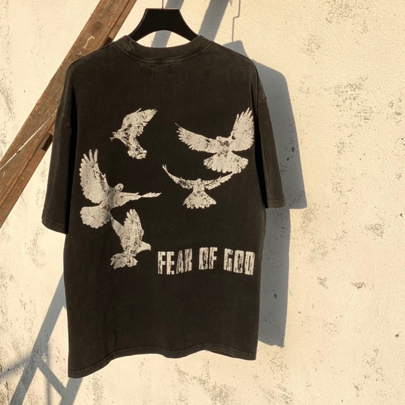 Unisex Vintage T Shirts SAINT MICHAEL x FOG Collaboration: Heavyweight, Distressed, Vintage-Washed Short-Sleeve Tee (Rose & White Dove Graphic)