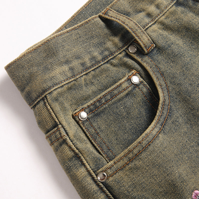 Mens Fashion Jeans Pink cherry blossom embroidery 5719# Pure cotton high quality