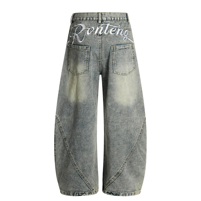 American-style streetwear harem pants Back Cursive Script Embroidery Voluminous Barrel Silhouette
