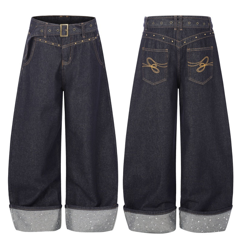 American-style streetwear harem pants Rolled Cuff Rhinestone Wide Leg Silhouette