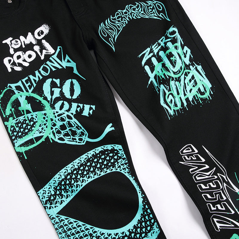 Mens Fashion Jeans Green Snake Street Graffiti 5705# Pure cotton high quality