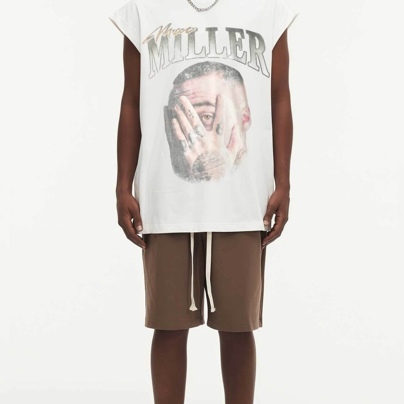 BIG FACE Drop-Shoulder Tank Top High-street vintage style featuring a small neckline, white-ink digital direct-to-garment (DTG) printing, and a heavy-duty, distressed wash finish; crafted from 260g double-yarn plain-knit fabric.
