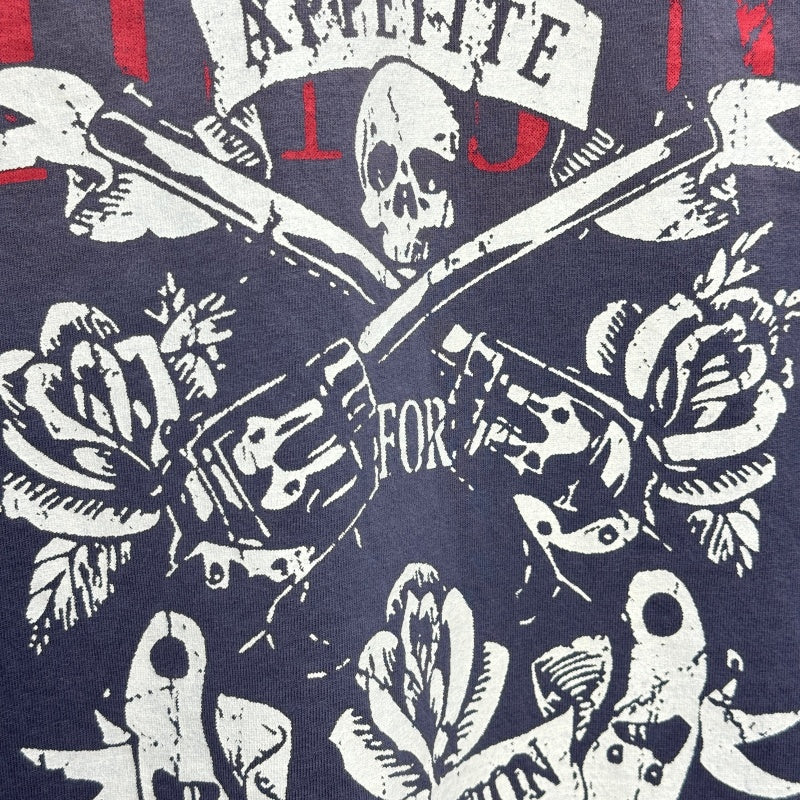 Unisex Vintage T Shirts Guns N' Roses x Harley-Davidson Limited Collaboration: Graphite Blue Short-Sleeve T-Shirt. Features a washed, distressed finish with whiskering effects and premium American-style plastisol screen printing. High-quality textu