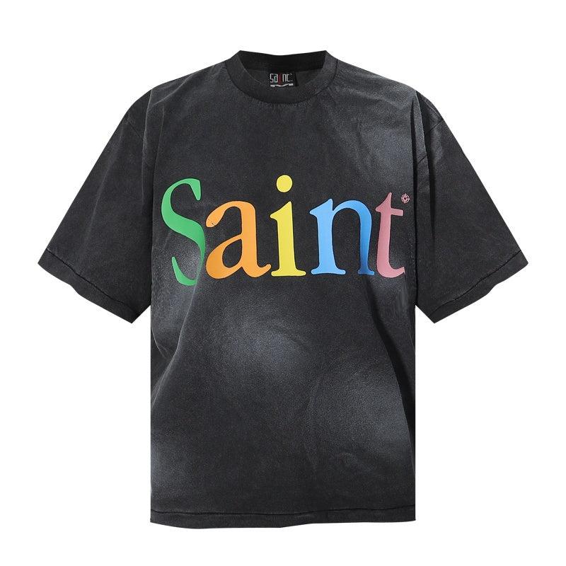 Saint Michael T Shirts Washed Black Saint Rainbow Letter Minimal Graphic