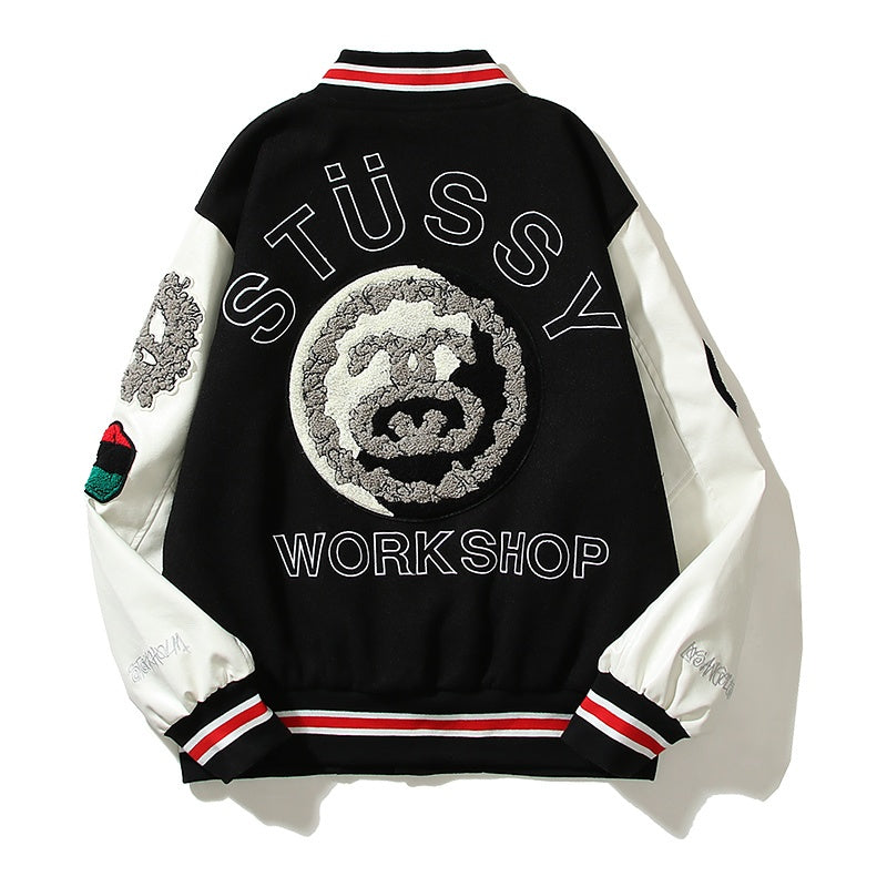 American-style baseball jacket Leather Sleeve S-Logo Graphic Oversized Embroidered Thickened Baseball Jacket â€?Embracing the Vibe Aesthetic