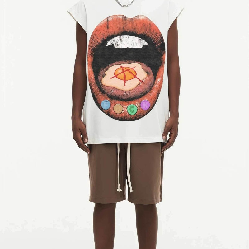 BIG FACE Drop-Shoulder Tank Top High-street vintage style featuring a small neckline, white-ink digital direct-to-garment (DTG) printing, and a heavy-duty, distressed wash finish; crafted from 260g double-yarn plain-knit fabric.