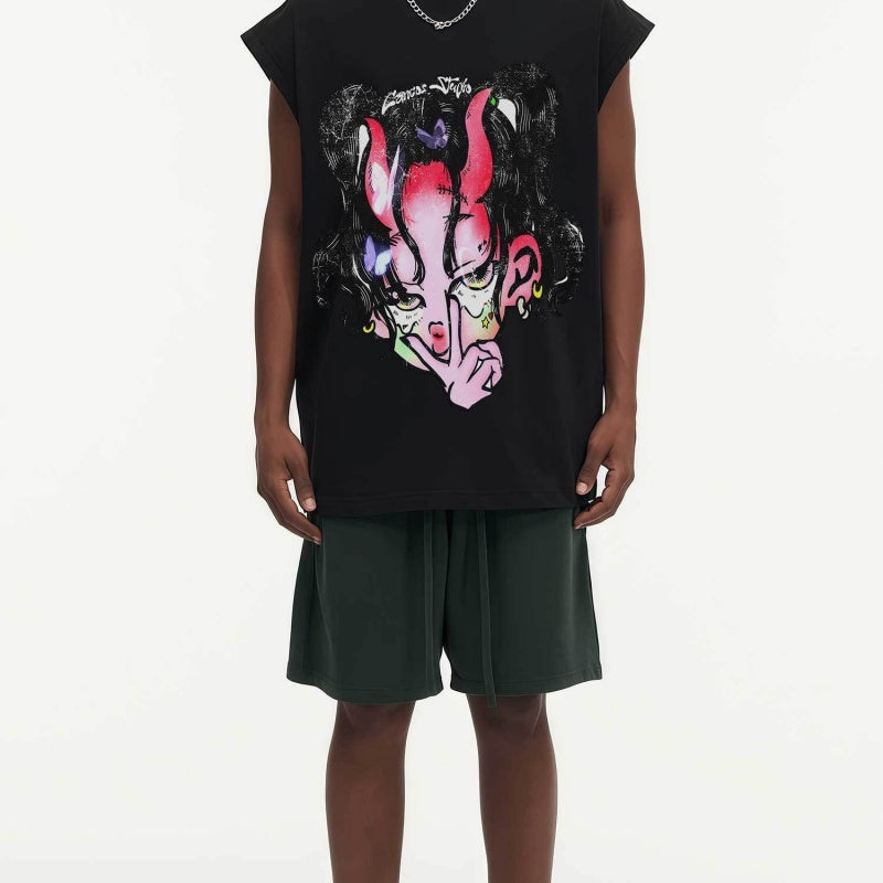 BIG FACE Drop-Shoulder Tank Top High-street vintage style featuring a small neckline, white-ink digital direct-to-garment (DTG) printing, and a heavy-duty, distressed wash finish; crafted from 260g double-yarn plain-knit fabric.