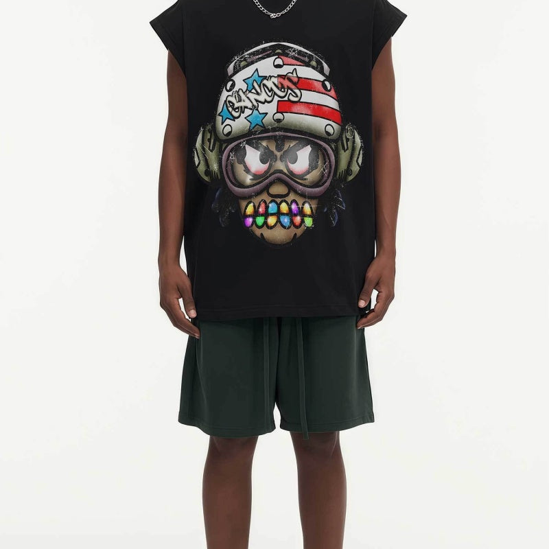 BIG FACE Drop-Shoulder Tank Top High-street vintage style featuring a small neckline, white-ink digital direct-to-garment (DTG) printing, and a heavy-duty, distressed wash finish; crafted from 260g double-yarn plain-knit fabric.