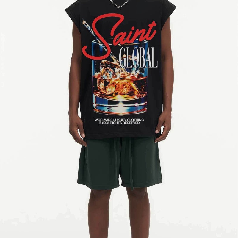 BIG FACE Drop-Shoulder Tank Top High-street vintage style featuring a small neckline, white-ink digital direct-to-garment (DTG) printing, and a heavy-duty, distressed wash finish; crafted from 260g double-yarn plain-knit fabric.