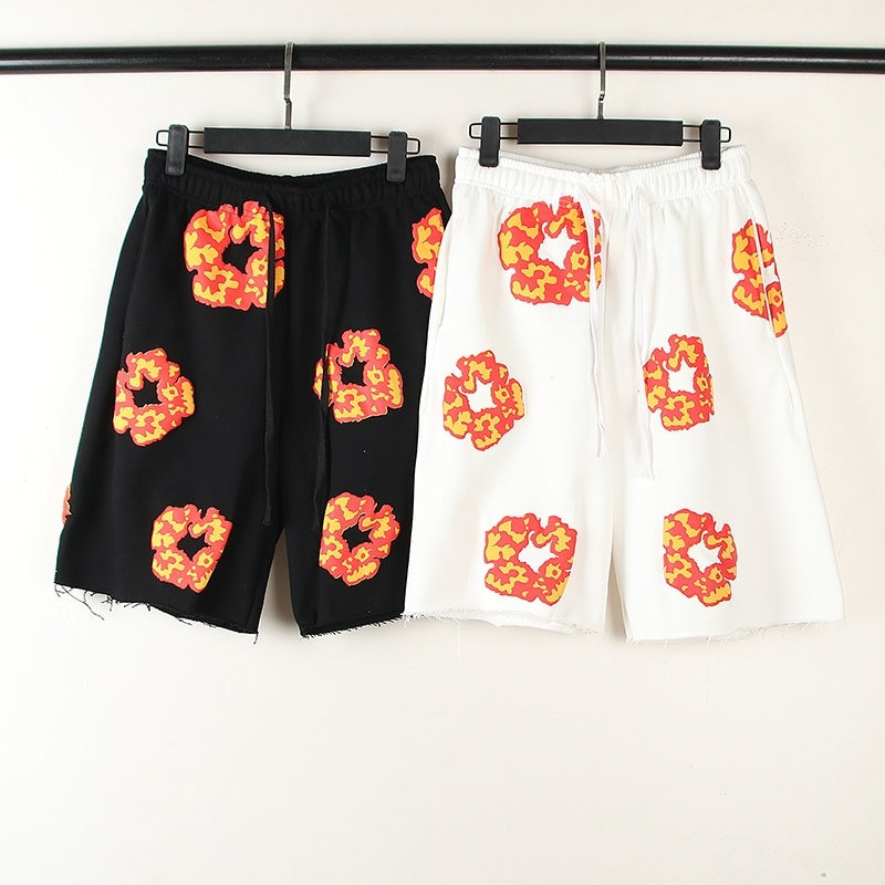 Denim Tears Shorts Cotton All-Over Flame Flower Wreath Graphic Oversized Drawstring