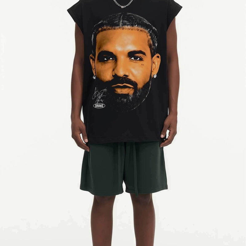 BIG FACE Drop-Shoulder Tank Top High-street vintage style featuring a small neckline, white-ink digital direct-to-garment (DTG) printing, and a heavy-duty, distressed wash finish; crafted from 260g double-yarn plain-knit fabric.