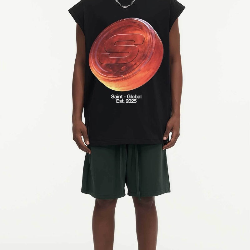 BIG FACE Drop-Shoulder Tank Top High-street vintage style featuring a small neckline, white-ink digital direct-to-garment (DTG) printing, and a heavy-duty, distressed wash finish; crafted from 260g double-yarn plain-knit fabric.